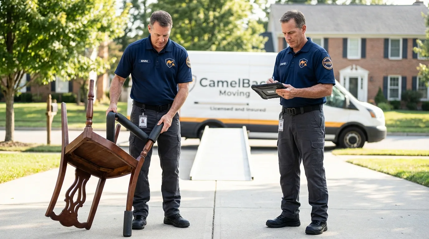 Movers inspecting furniture for damage prevention before loading in Lansing, NY
