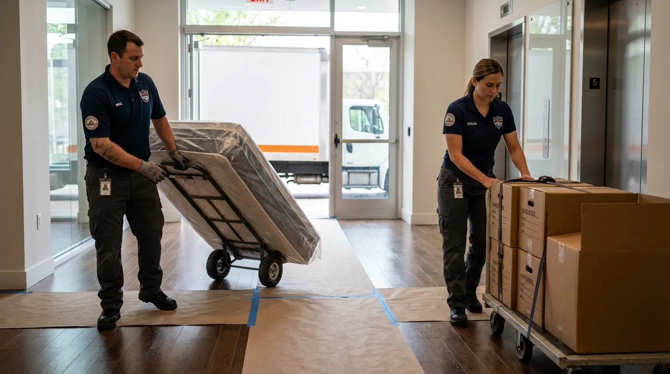 Professional apartment movers loading elevator in Lansing, NY